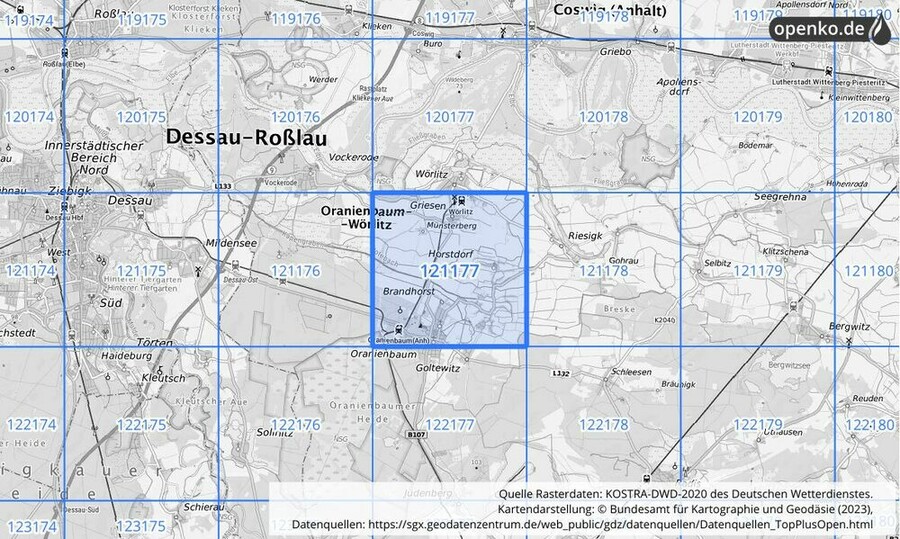 Übersichtskarte des KOSTRA-DWD-2020-Rasterfeldes Nr. 121177