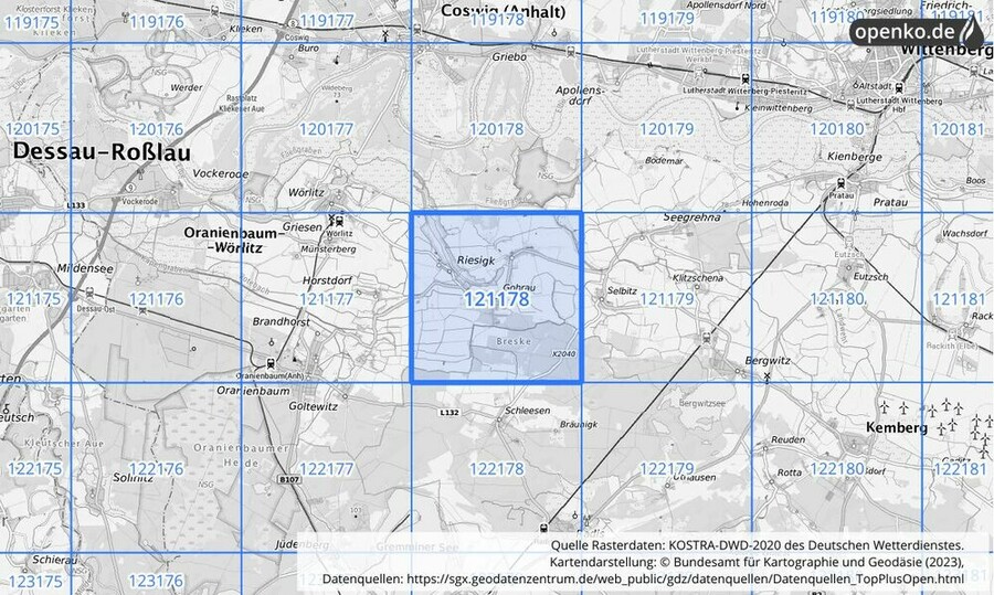 Übersichtskarte des KOSTRA-DWD-2020-Rasterfeldes Nr. 121178