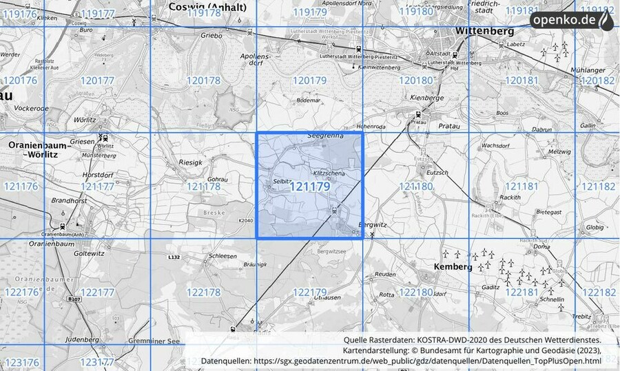 Übersichtskarte des KOSTRA-DWD-2020-Rasterfeldes Nr. 121179