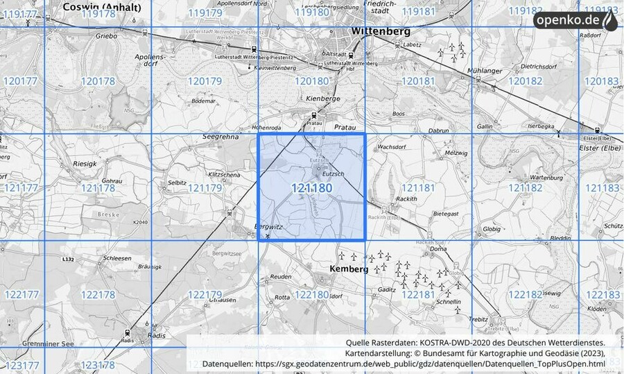 Übersichtskarte des KOSTRA-DWD-2020-Rasterfeldes Nr. 121180