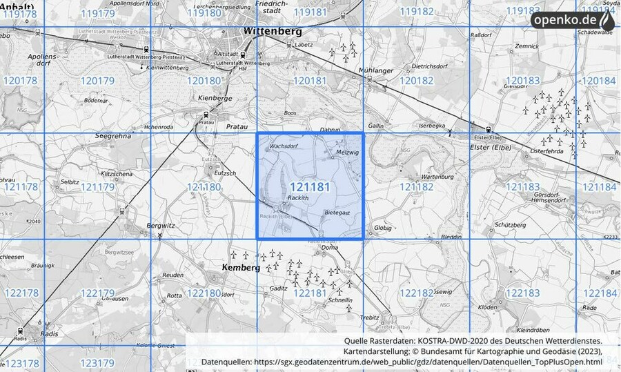 Übersichtskarte des KOSTRA-DWD-2020-Rasterfeldes Nr. 121181