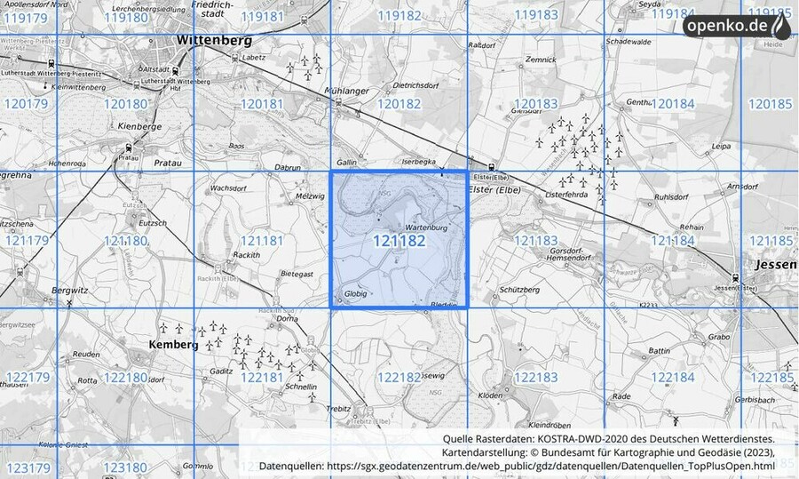 Übersichtskarte des KOSTRA-DWD-2020-Rasterfeldes Nr. 121182