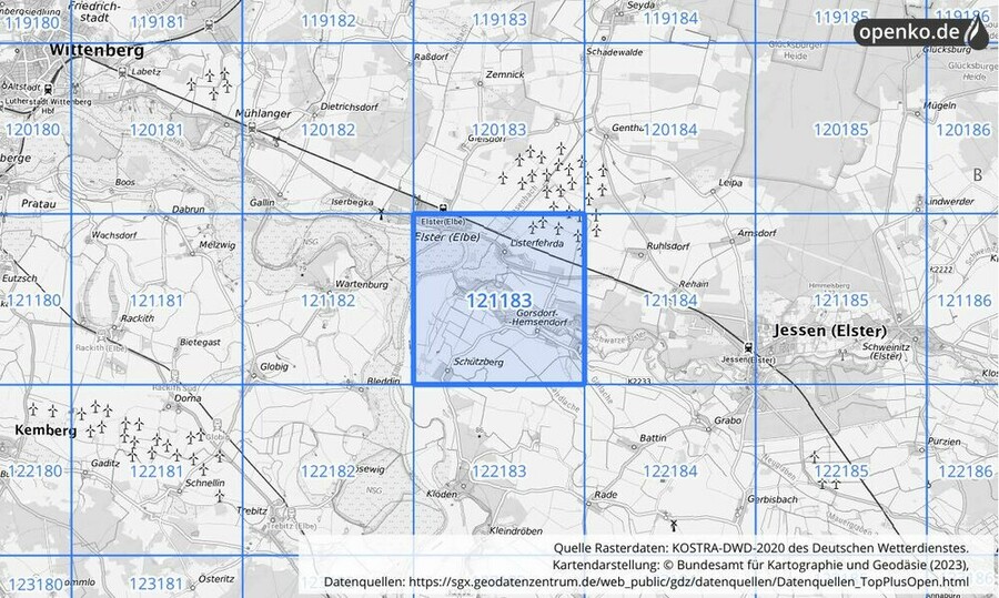 Übersichtskarte des KOSTRA-DWD-2020-Rasterfeldes Nr. 121183