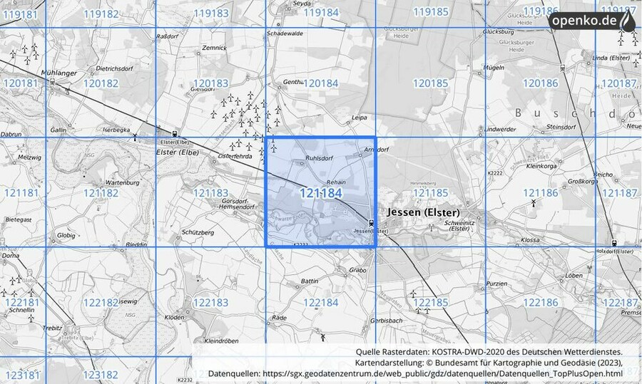 Übersichtskarte des KOSTRA-DWD-2020-Rasterfeldes Nr. 121184