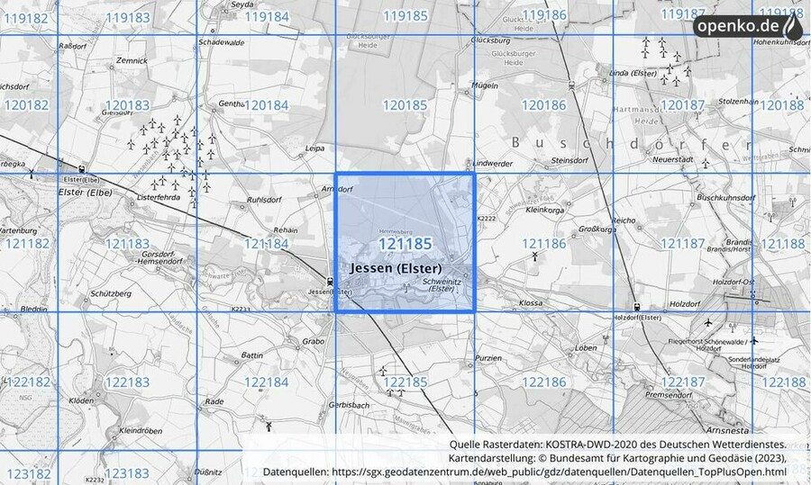 Übersichtskarte des KOSTRA-DWD-2020-Rasterfeldes Nr. 121185