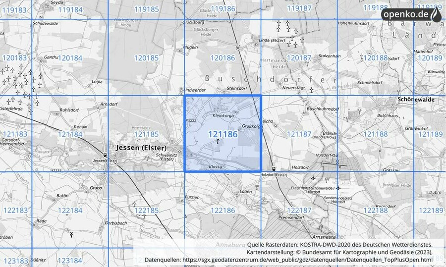 Übersichtskarte des KOSTRA-DWD-2020-Rasterfeldes Nr. 121186