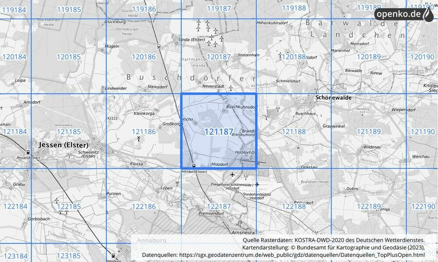 Übersichtskarte des KOSTRA-DWD-2020-Rasterfeldes Nr. 121187