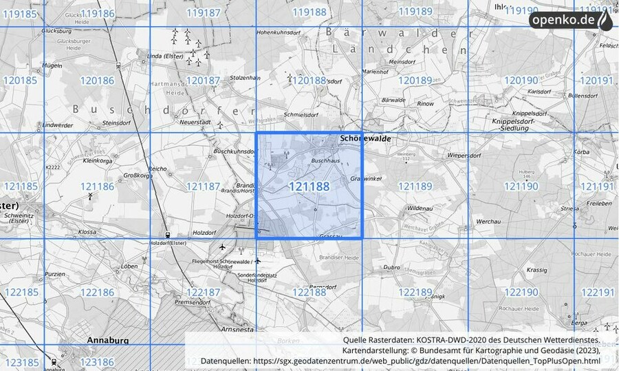 Übersichtskarte des KOSTRA-DWD-2020-Rasterfeldes Nr. 121188