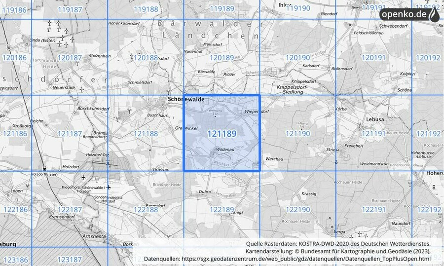 Übersichtskarte des KOSTRA-DWD-2020-Rasterfeldes Nr. 121189