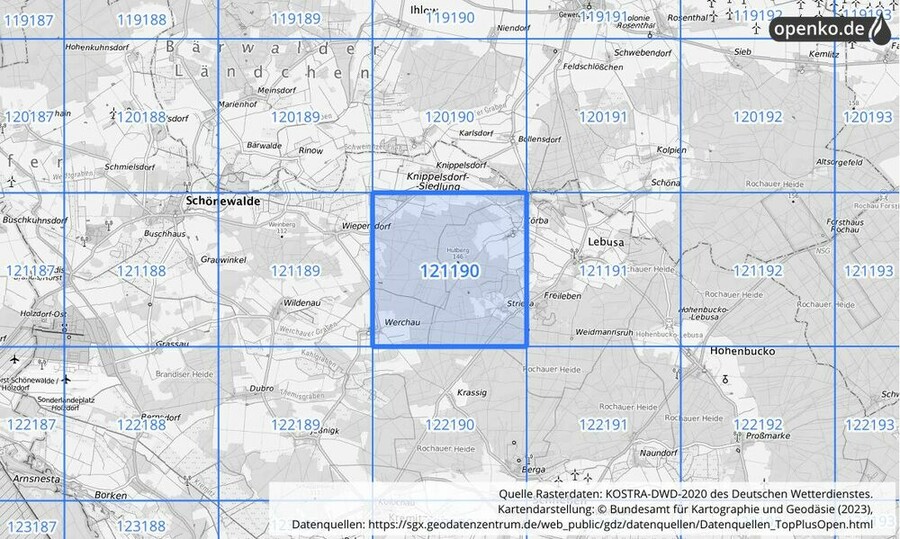 Übersichtskarte des KOSTRA-DWD-2020-Rasterfeldes Nr. 121190