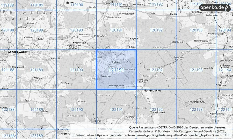 Übersichtskarte des KOSTRA-DWD-2020-Rasterfeldes Nr. 121191