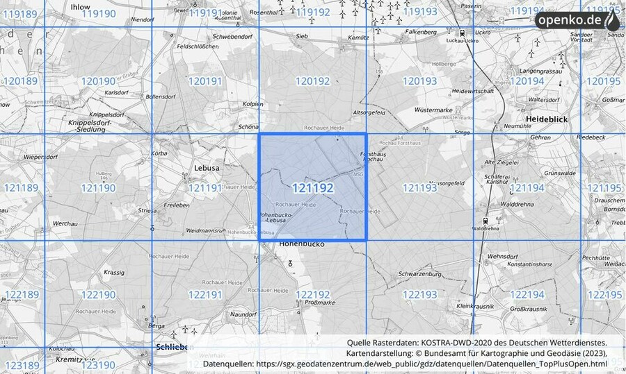 Übersichtskarte des KOSTRA-DWD-2020-Rasterfeldes Nr. 121192