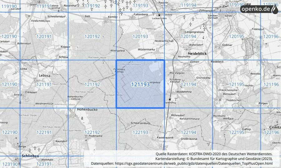 Übersichtskarte des KOSTRA-DWD-2020-Rasterfeldes Nr. 121193