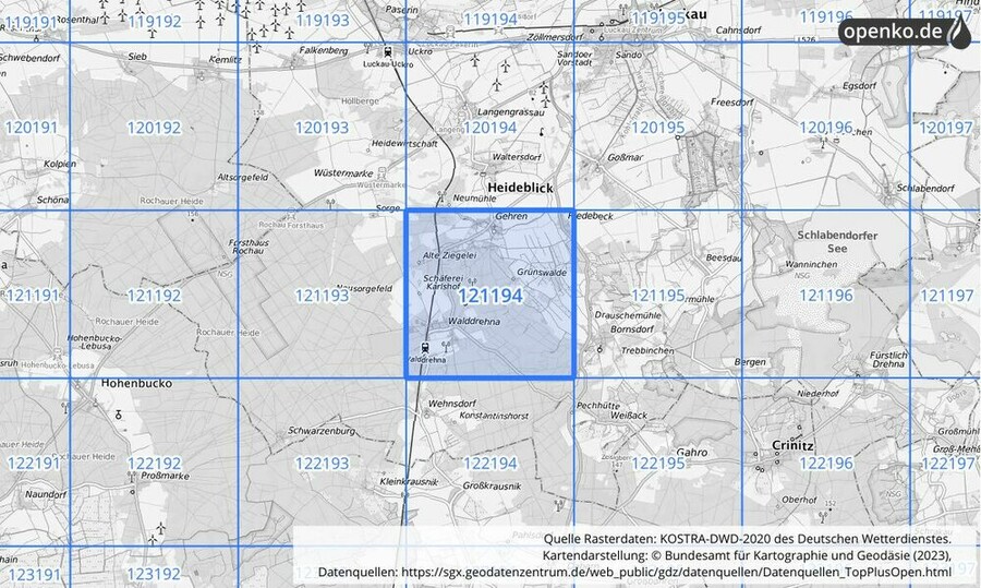 Übersichtskarte des KOSTRA-DWD-2020-Rasterfeldes Nr. 121194