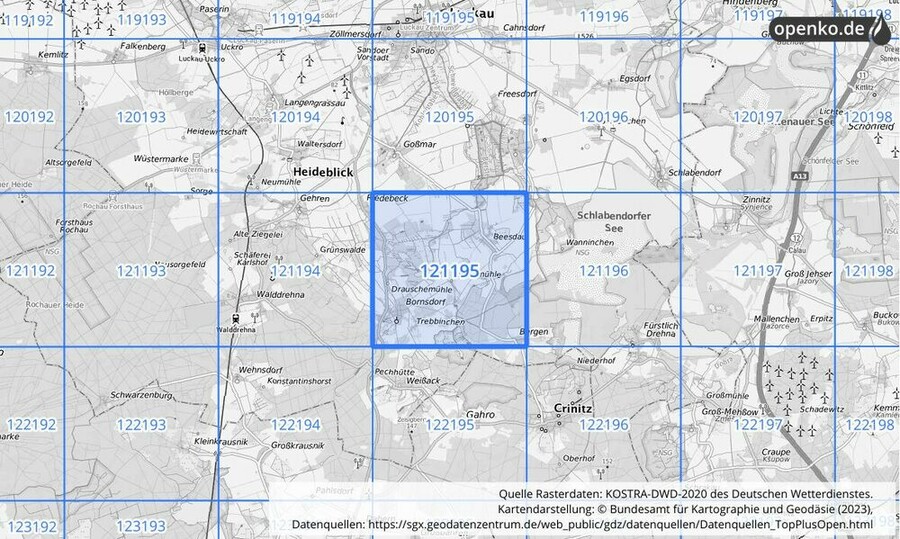 Übersichtskarte des KOSTRA-DWD-2020-Rasterfeldes Nr. 121195