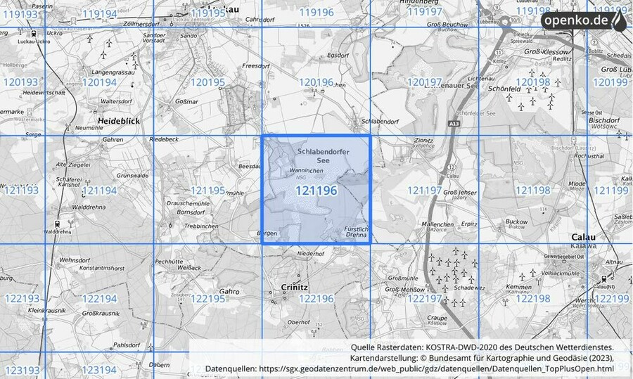 Übersichtskarte des KOSTRA-DWD-2020-Rasterfeldes Nr. 121196