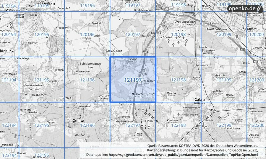 Übersichtskarte des KOSTRA-DWD-2020-Rasterfeldes Nr. 121197