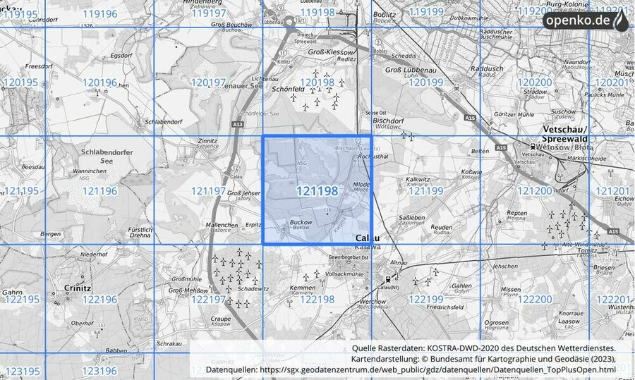 Übersichtskarte des KOSTRA-DWD-2020-Rasterfeldes Nr. 121198