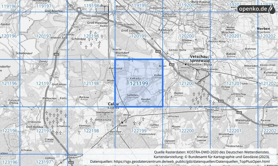 Übersichtskarte des KOSTRA-DWD-2020-Rasterfeldes Nr. 121199