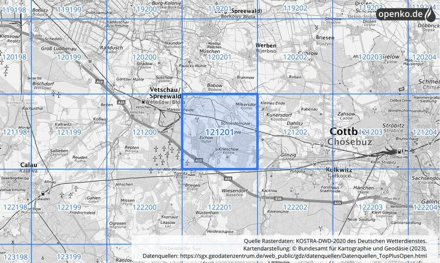 Übersichtskarte des KOSTRA-DWD-2020-Rasterfeldes Nr. 121201