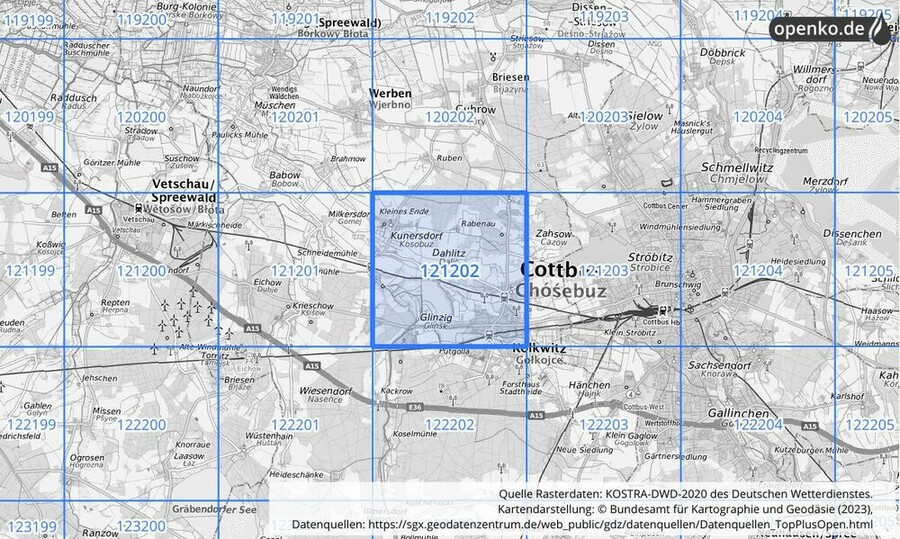 Übersichtskarte des KOSTRA-DWD-2020-Rasterfeldes Nr. 121202