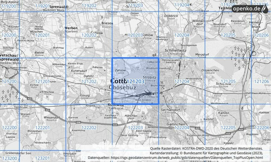 Übersichtskarte des KOSTRA-DWD-2020-Rasterfeldes Nr. 121203