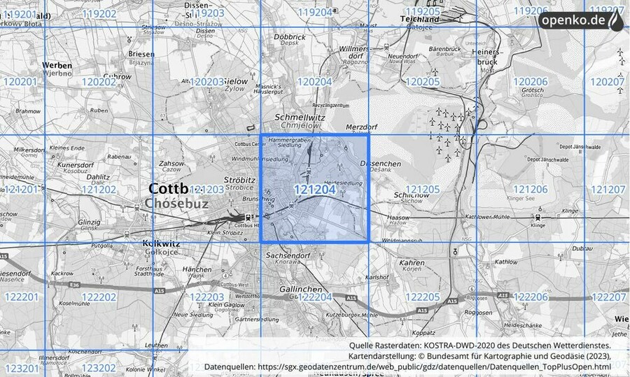 Übersichtskarte des KOSTRA-DWD-2020-Rasterfeldes Nr. 121204