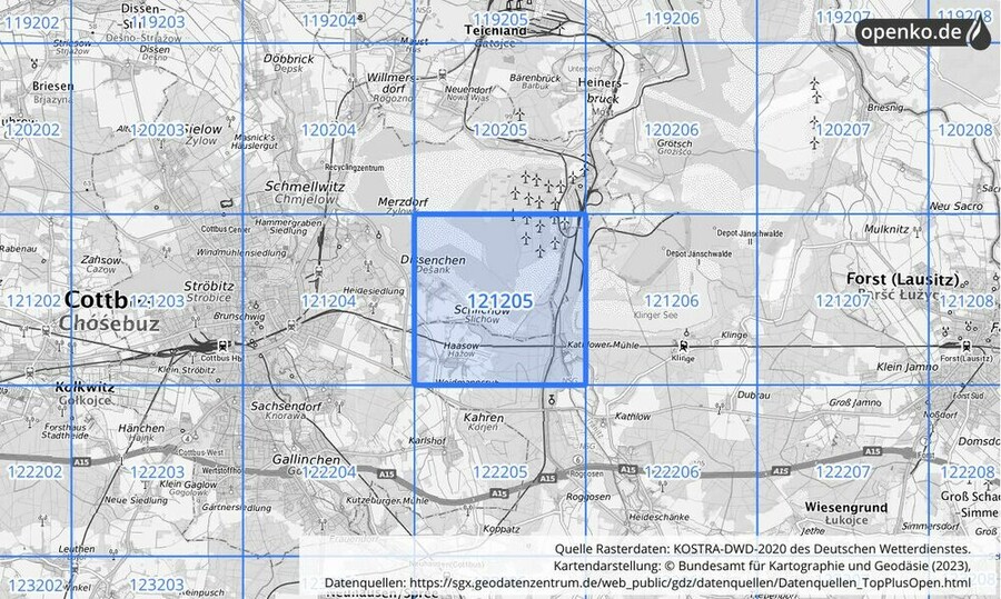 Übersichtskarte des KOSTRA-DWD-2020-Rasterfeldes Nr. 121205