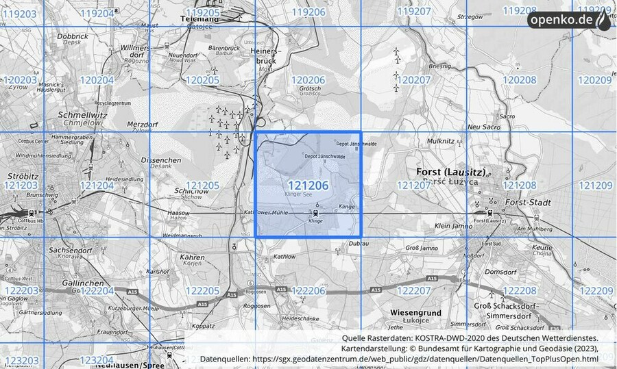 Übersichtskarte des KOSTRA-DWD-2020-Rasterfeldes Nr. 121206