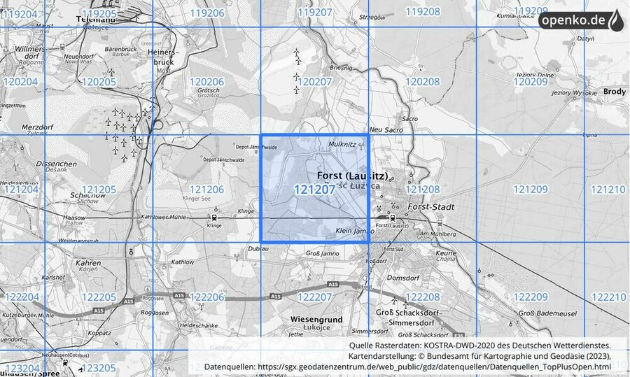 Übersichtskarte des KOSTRA-DWD-2020-Rasterfeldes Nr. 121207