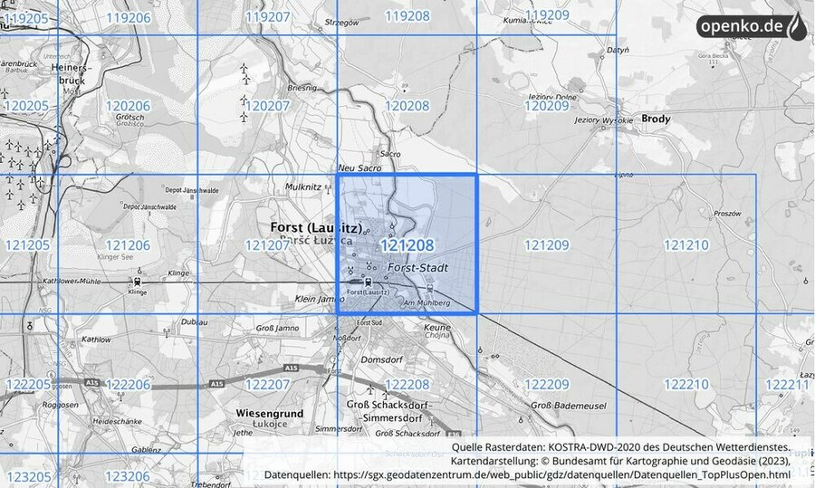 Übersichtskarte des KOSTRA-DWD-2020-Rasterfeldes Nr. 121208