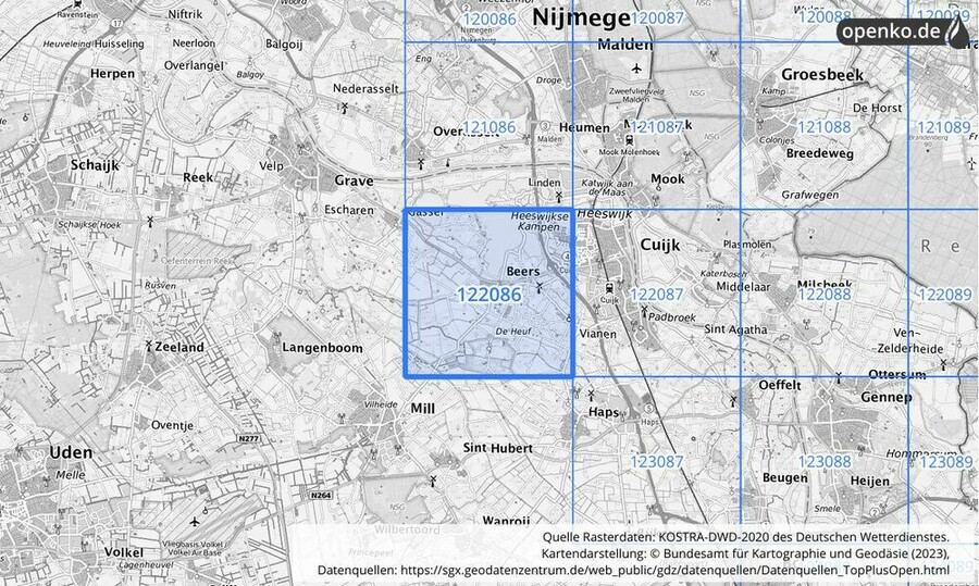 Übersichtskarte des KOSTRA-DWD-2020-Rasterfeldes Nr. 122086