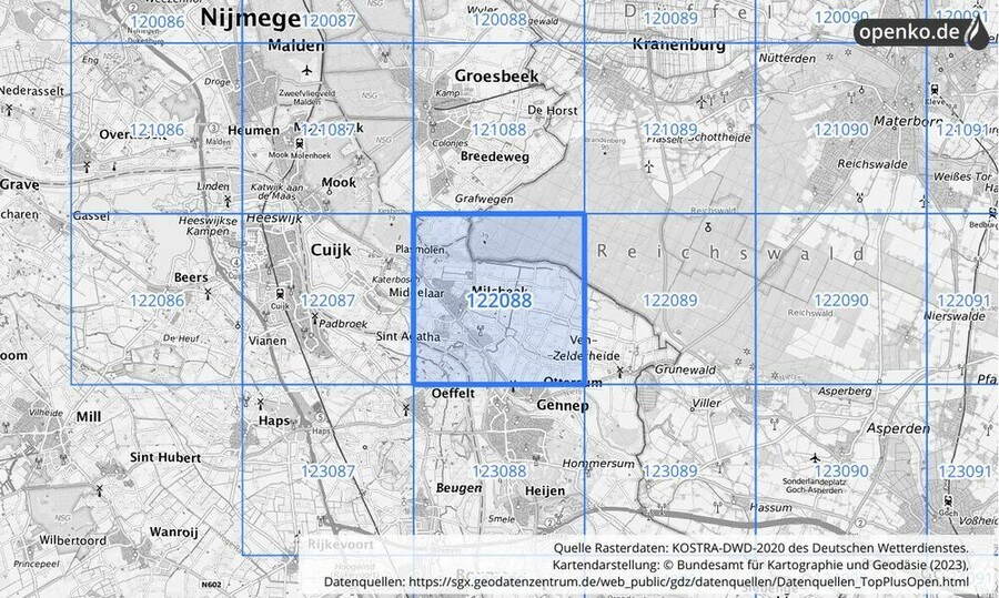 Übersichtskarte des KOSTRA-DWD-2020-Rasterfeldes Nr. 122088