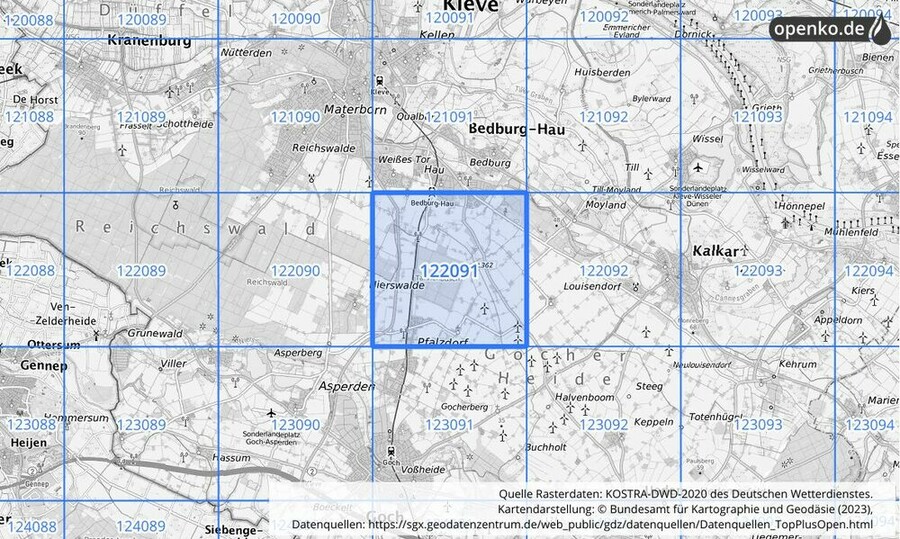 Übersichtskarte des KOSTRA-DWD-2020-Rasterfeldes Nr. 122091