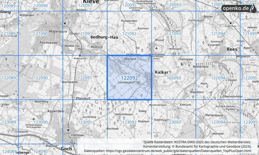 Übersichtskarte des KOSTRA-DWD-2020-Rasterfeldes Nr. 122092