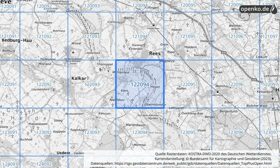 Übersichtskarte des KOSTRA-DWD-2020-Rasterfeldes Nr. 122094