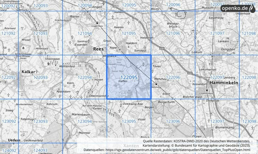 Übersichtskarte des KOSTRA-DWD-2020-Rasterfeldes Nr. 122095