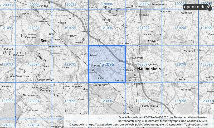 Übersichtskarte des KOSTRA-DWD-2020-Rasterfeldes Nr. 122096