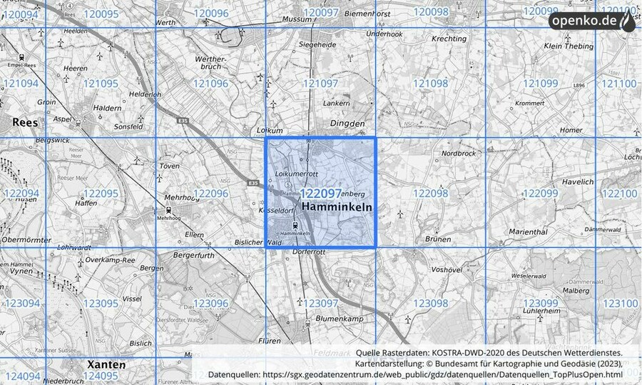 Übersichtskarte des KOSTRA-DWD-2020-Rasterfeldes Nr. 122097