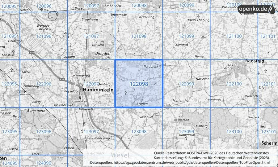 Übersichtskarte des KOSTRA-DWD-2020-Rasterfeldes Nr. 122098