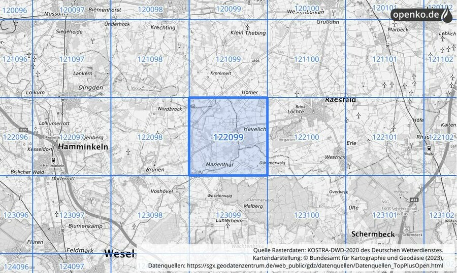 Übersichtskarte des KOSTRA-DWD-2020-Rasterfeldes Nr. 122099