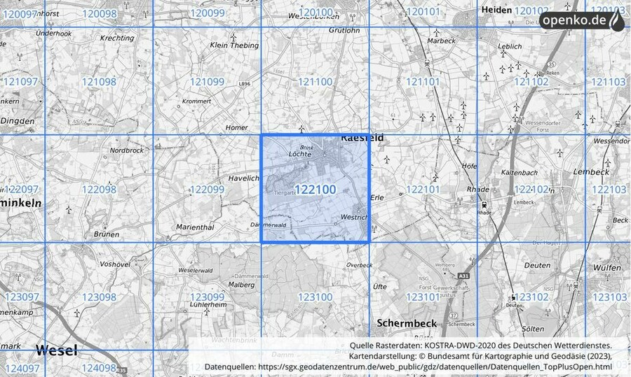 Übersichtskarte des KOSTRA-DWD-2020-Rasterfeldes Nr. 122100