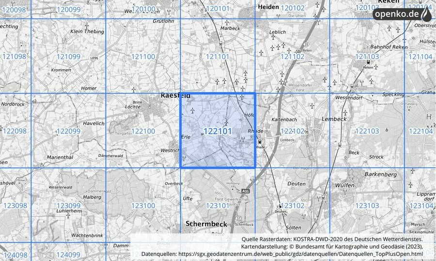 Übersichtskarte des KOSTRA-DWD-2020-Rasterfeldes Nr. 122101