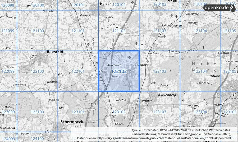 Übersichtskarte des KOSTRA-DWD-2020-Rasterfeldes Nr. 122102