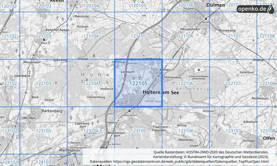 Übersichtskarte des KOSTRA-DWD-2020-Rasterfeldes Nr. 122105