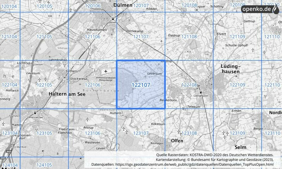 Übersichtskarte des KOSTRA-DWD-2020-Rasterfeldes Nr. 122107