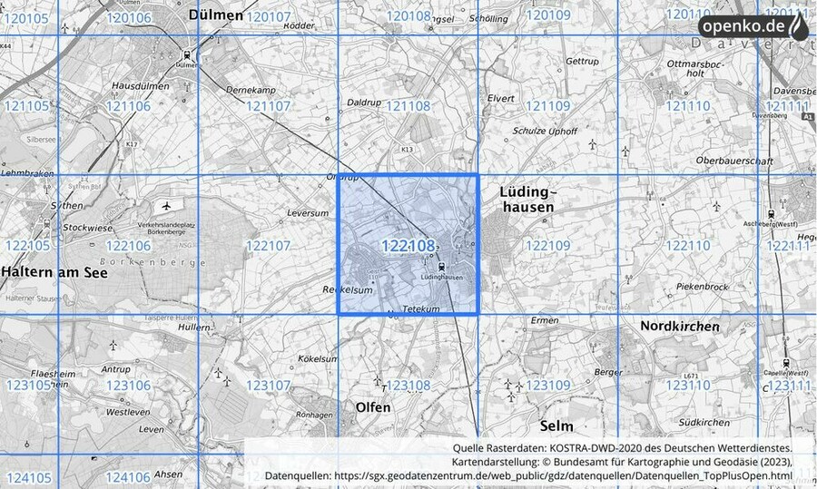 Übersichtskarte des KOSTRA-DWD-2020-Rasterfeldes Nr. 122108