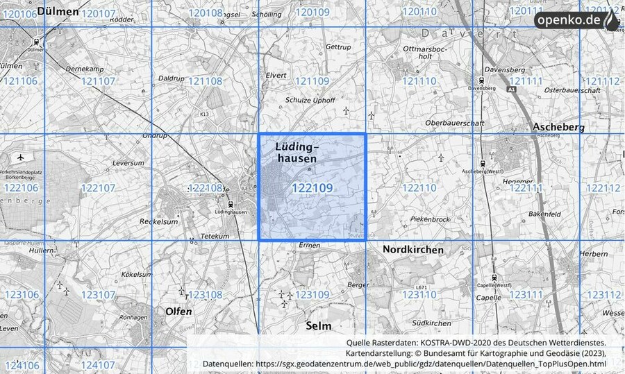 Übersichtskarte des KOSTRA-DWD-2020-Rasterfeldes Nr. 122109