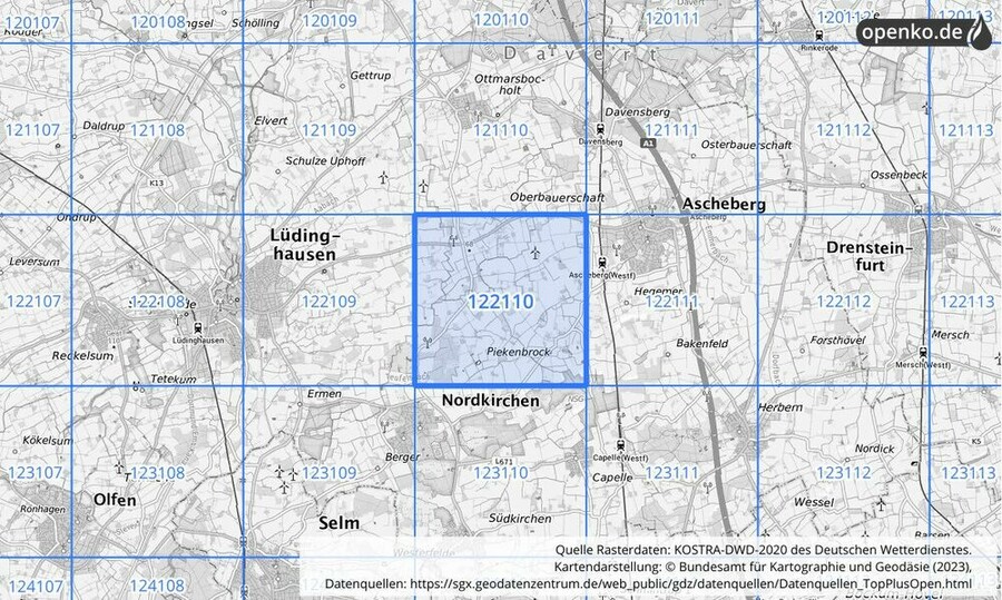 Übersichtskarte des KOSTRA-DWD-2020-Rasterfeldes Nr. 122110