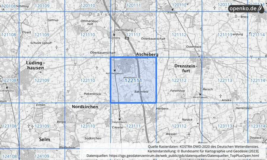 Übersichtskarte des KOSTRA-DWD-2020-Rasterfeldes Nr. 122111